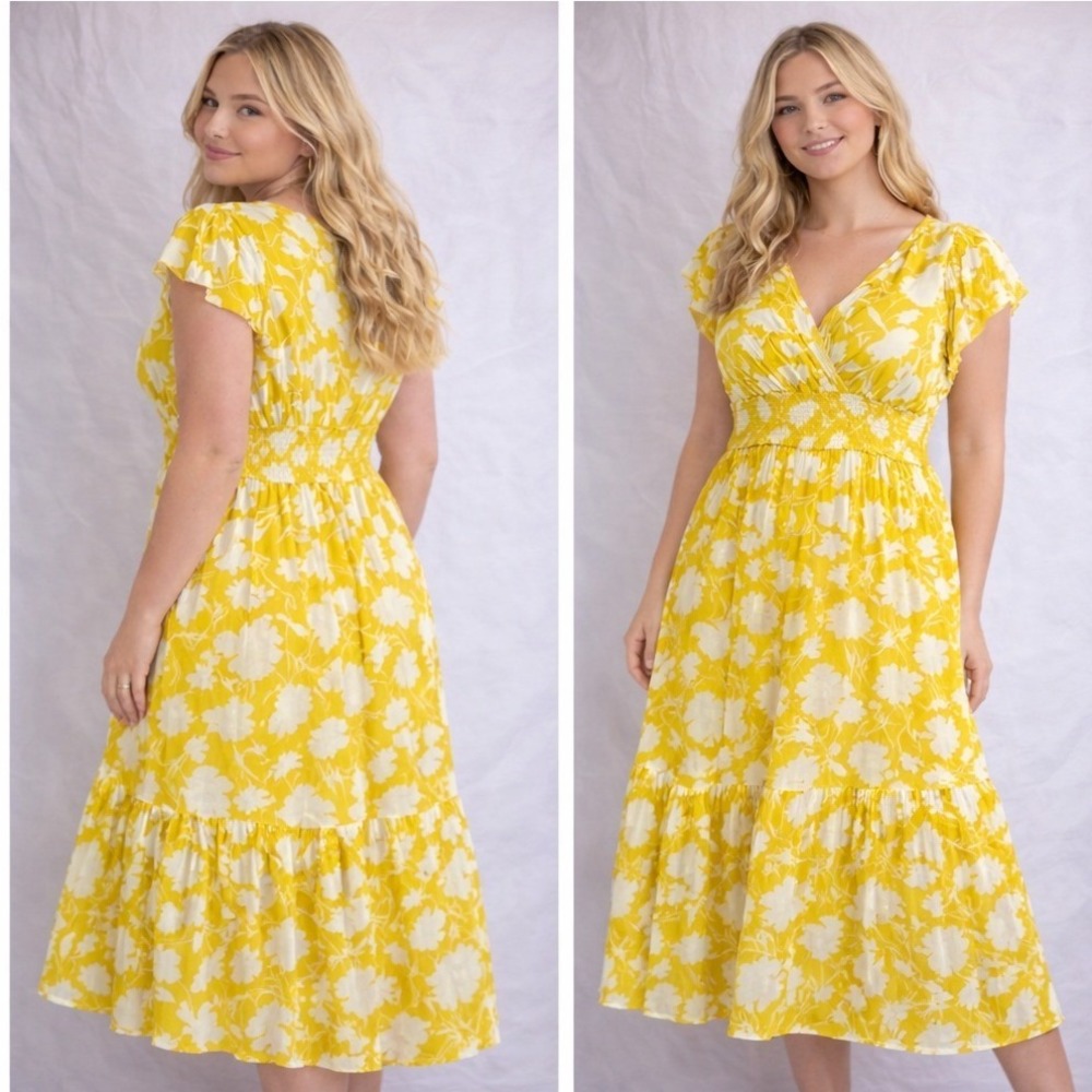 Hint of Yellow Floral Smocked Waist Midi Dress Women 1X Flutter Sleeve Spring